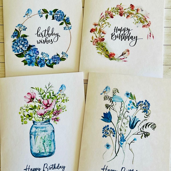 Birthday Card Set, Watercolor Flowers with Bird Birthday Cards for Her, Watercolor Birthday Cards Assortment, Assorted Cards