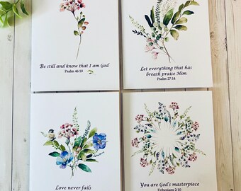 8ct Wildflowers Scripture Card Set with Birds,Watercolor Cards, Set 5, Thinking of You, Sympathy Cards, Christian card set, Folded Notecards