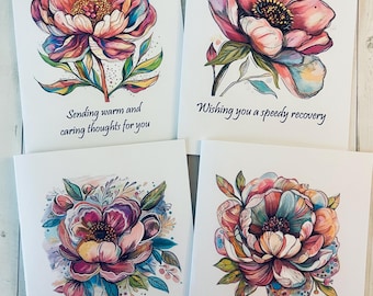 Colorful Peonies Encouragement Cards, SET 11, Watercolor Floral Cards, Get Well Cards, Thinking of you cards, DesignsbyAliA