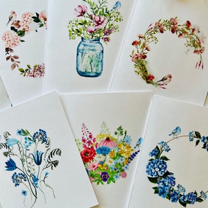 Watercolor Flowers with bird, Set2, Note Card Assortment, Floral Card Set, Watercolor Note Cards, Watercolor Wildflowers Cards, Handmade