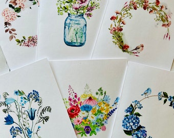 Watercolor Flowers with bird, Set2, Note Card Assortment, Floral Card Set, Watercolor Note Cards, Watercolor Wildflowers Cards, Handmade
