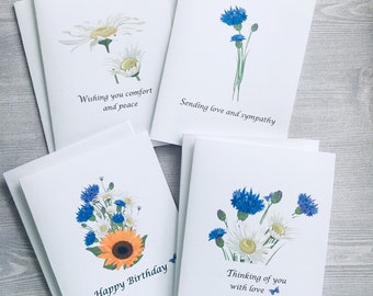 Surtido de 8 tarjetas florales en acuarela, juego de tarjetas plegadas, surtido de tarjetas en blanco "Pensando en ti", tarjetas de condolencia, tarjetas hechas a mano, DesignsbyAliA