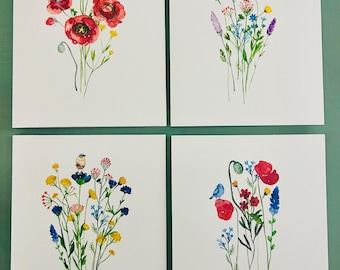 Watercolor Print Floral Cards, Florals with Birds Note Cards, SET4 Handmade Card Set, Thinking of you cards, DesignsbyAliA