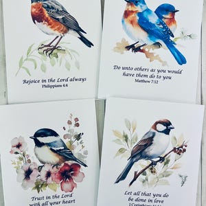 May include: Four greeting cards featuring watercolor illustrations of birds. Each card displays a different bird species perched on a branch, accompanied by a Bible verse. The cards have a white background and are suitable for various occasions.