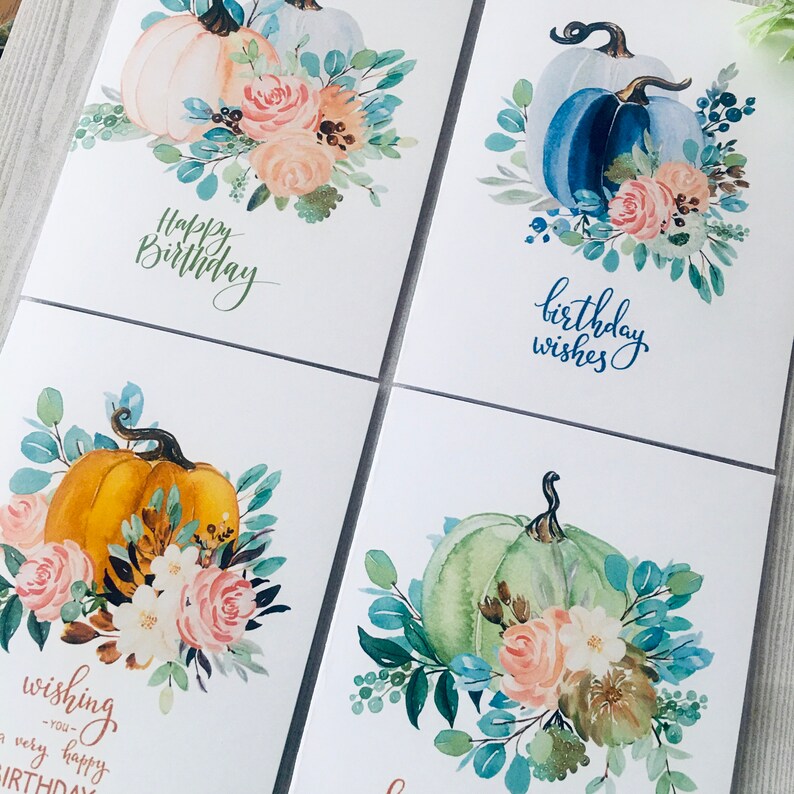 Birthday Pumpkins Card Set, Watercolor Pumpkins Birthday Cards, Watercolor Birthday Cards Assortment, Fall Birthday cards, Handmade image 9