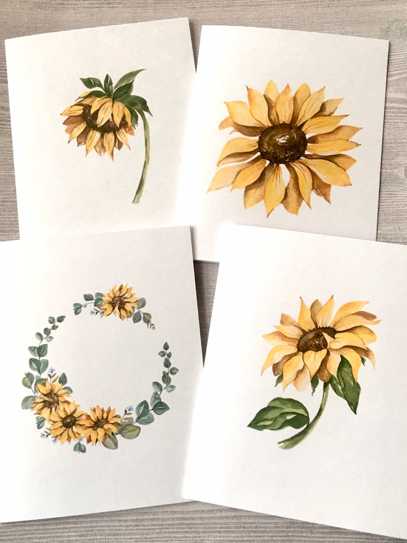 8ct Sunflower Card Set 1, Watercolor Sunflower Cards, Blank Cards ...