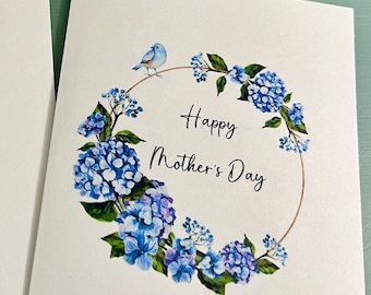 Watercolor Mother’s Day Cards, Blue Hydrangeas  Flowers with Bird Mother’s Day Card, Floral card, Mother’s Day Card Set,  Handmade Card