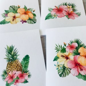 8ct Tropical Note Card Set, Watercolor Cards, Summer Card Set, Pineapple Card Hibiscus Card, Blank Cards, Handmade Cards