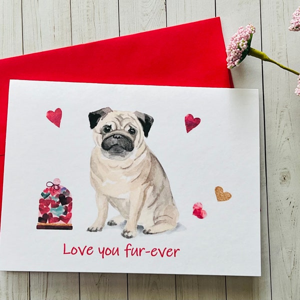 Pug Valentine Card, Personalized Valentine Card, Pug Valentine’s Day Card, Valentine Card Set, Watercolor Dog Cards, Handmade card