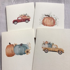 8ct Fall Card Set, Pumpkin Truck, Watercolor Cards, Folded Note Cards, Blank Cards, Fall NoteCards, Watercolor Pumpkins, Handmade cards