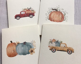 8ct Fall Card Set, Pumpkin Truck, Watercolor Cards, Folded Note Cards, Blank Cards, Fall NoteCards, Watercolor Pumpkins, Handmade cards