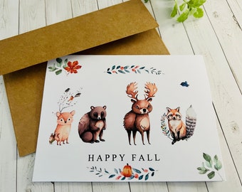 Forest Animals Fall Card, Happy Fall Note Cards, Give Thanks card, Thanksgiving Card set, Fall Watercolor Cards,  Handmade cards