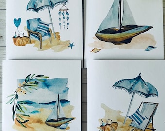 8ct Beach Theme Card Set, Watercolor Beach Cards, Blank cards, Beach Note Cards, Handmade Card Set, Summer cards, Watercolor cards