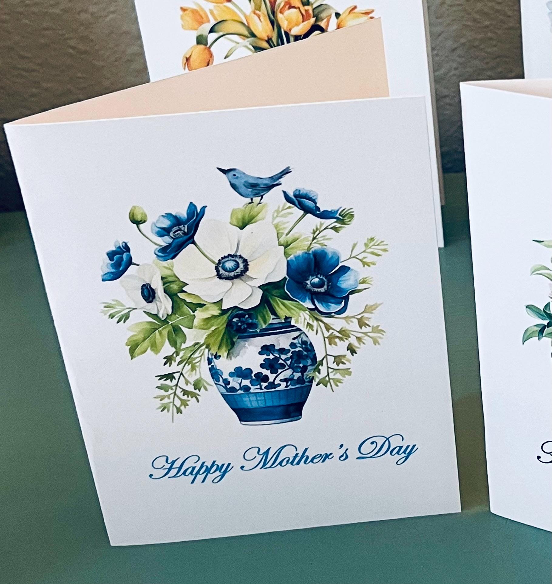 Mothers Day Card Set, Watercolor Flowers in Blue and White Dish, Mother ...