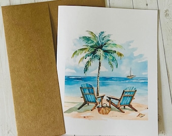 Tropical Card Set, Palm Trees Card Watercolor Beach Cards, Blank cards, Beach Note Cards, Handmade Card Set, Summer cards, Watercolor cards