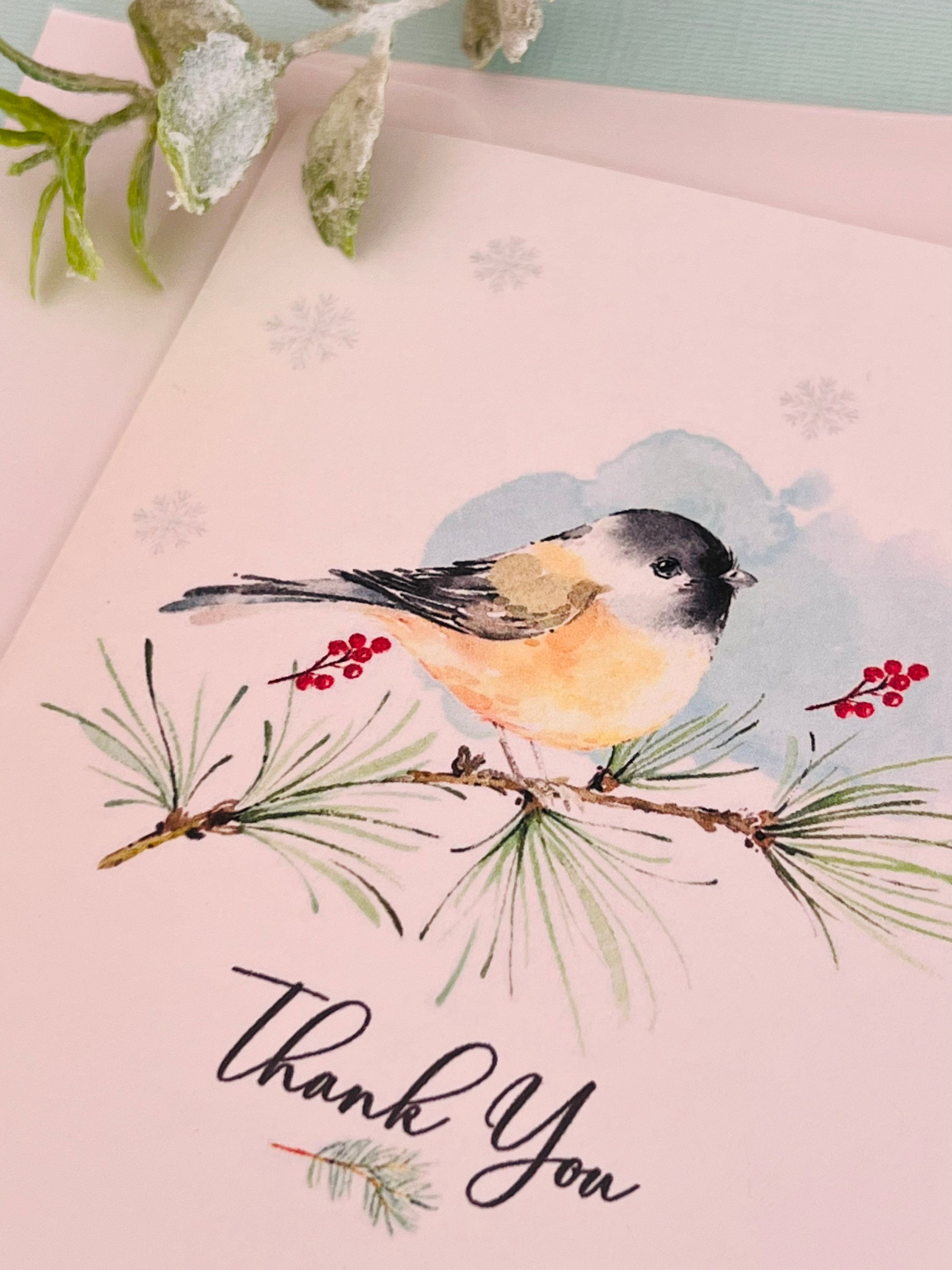 Christmas Thank You Card With Bird, Watercolor Thank You Cards ...