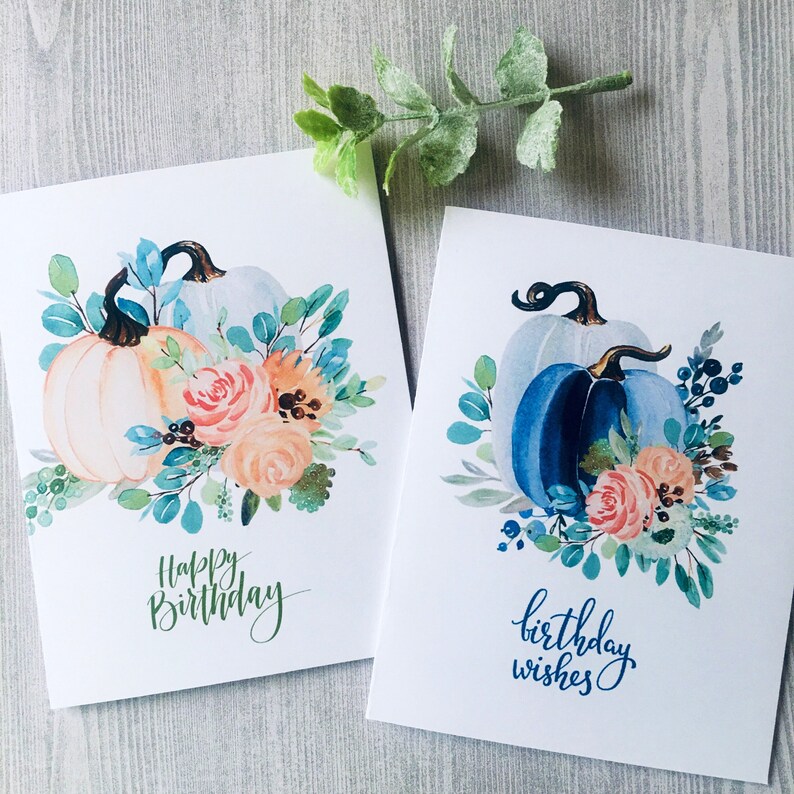 Birthday Pumpkins Card Set, Watercolor Pumpkins Birthday Cards, Watercolor Birthday Cards Assortment, Fall Birthday cards, Handmade image 2