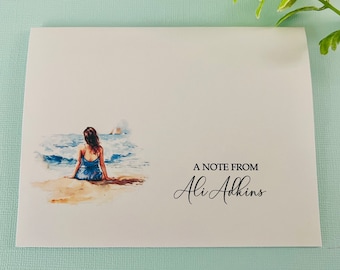 8ct Beach Girl Personalized Stationery Set, Beach Stationery, Folded Note Cards, Blank Cards, Watercolor Stationery, DesignsbyAliA