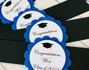 12 Graduation Napkin Rings, Blue and Black Napkin Rings Graduation Cupcake Toppers, Customizable, Graduation Party Tags, Handmade