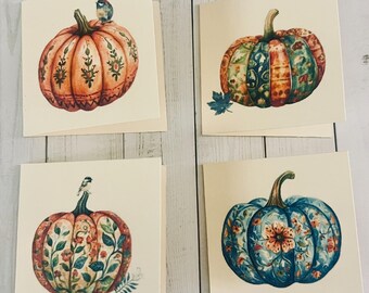 Folk Art Pumpkin Mini Cards: Watercolor Fall Mini Tags, Handmade, Set of 12