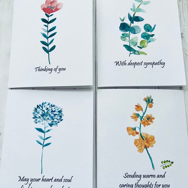 8ct Sympathy Card Set, Watercolor Floral Cards, Encouragement Cards, Single Stems, Handmade Card Set, Thinking of you cards, DesignsbyAliA