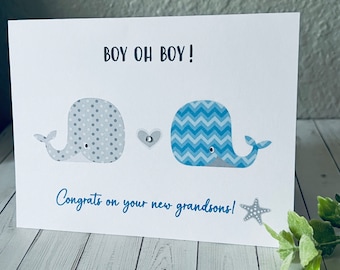 New Baby Congratulations Card for Grandson, Baby Congrats Baby Card Grandparents, for Twins,  Personalized Baby Card with Whale, Twin boys