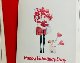 Girl with Dog Valentine Card, PERSONALIZED  Terrier Card, Personalized Cards,  Terrier Valentines Day Card, Watercolor Dog Cards