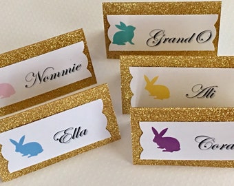 Bunny Place Cards, Easter Place Cards, SET of 12, Personalized Placecard, Gold Silver Place Card, Pale Pink, Escort Card, Baby Shower