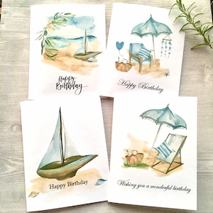 4ct Beach Birthday Card Set, Watercolor Birthday Card Set, Birthday Card Pack, Watercolor Cards, Birthday Card Set, Handmade cards