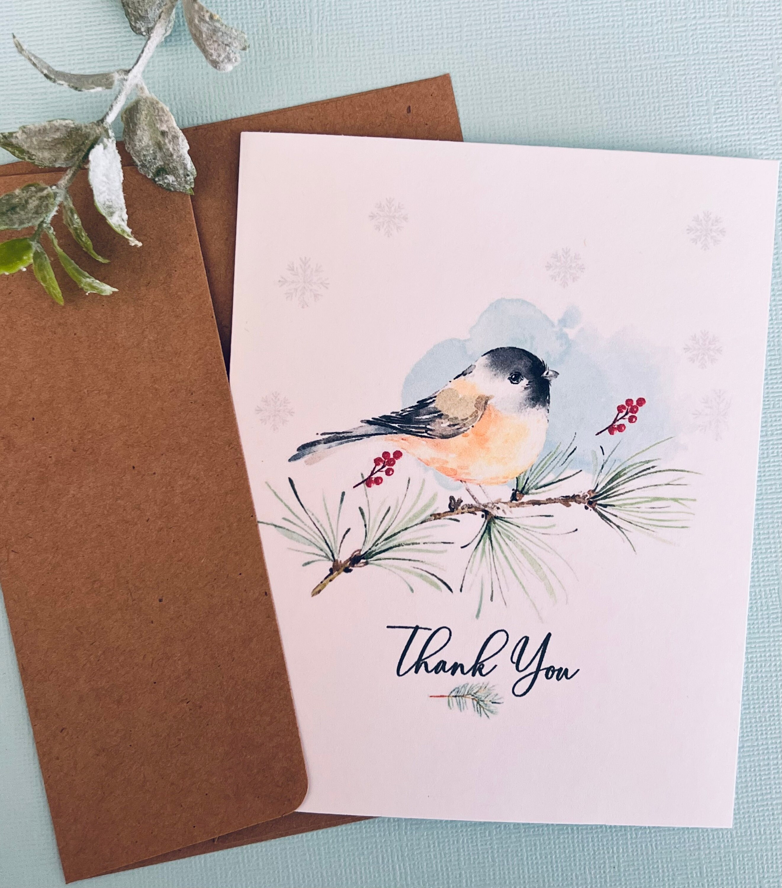 Christmas Thank You Card With Bird, Watercolor Thank You Cards ...