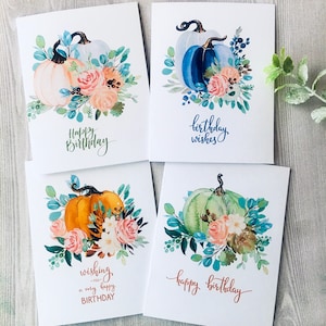 Birthday Pumpkins Card Set, Watercolor Pumpkins Birthday Cards, Watercolor Birthday Cards Assortment, Fall Birthday cards, Handmade image 1