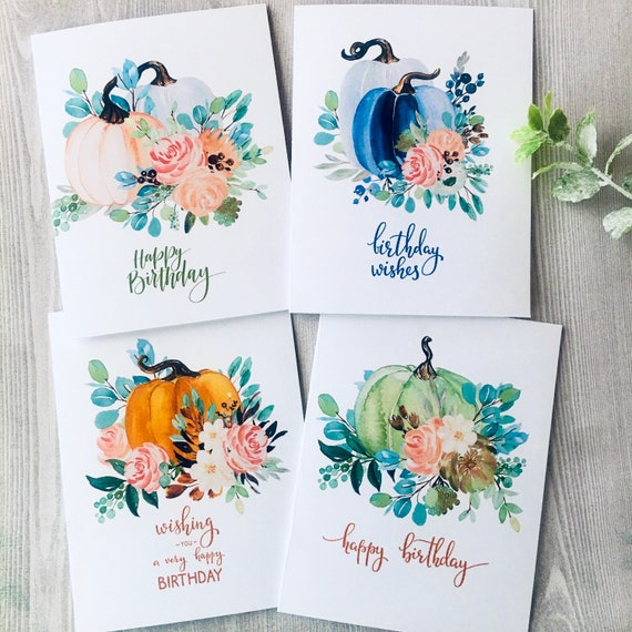 Birthday Pumpkins Card Set, Watercolor Pumpkins Birthday Cards, Watercolor Birthday Cards Assortment, Fall Birthday cards, Handmade
