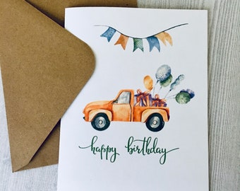 Birthday Truck Card, Personalized Birthday Card, Watercolor Cards, Drive by Birthday Card, Pickup Truck Birthday Cards, Handmade cards