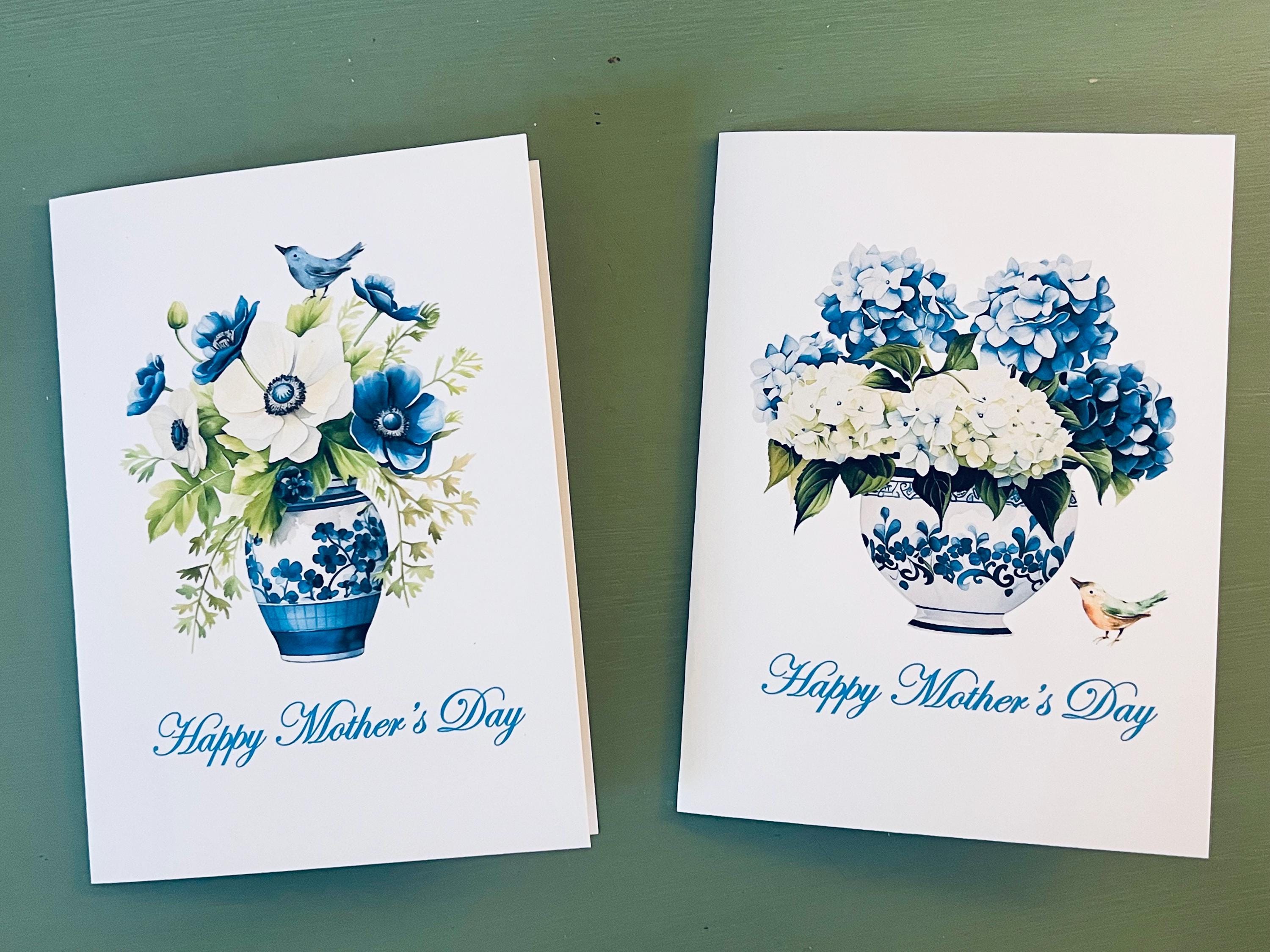 Mothers Day Card Set, Watercolor Flowers in Blue and White Dish, Mother ...