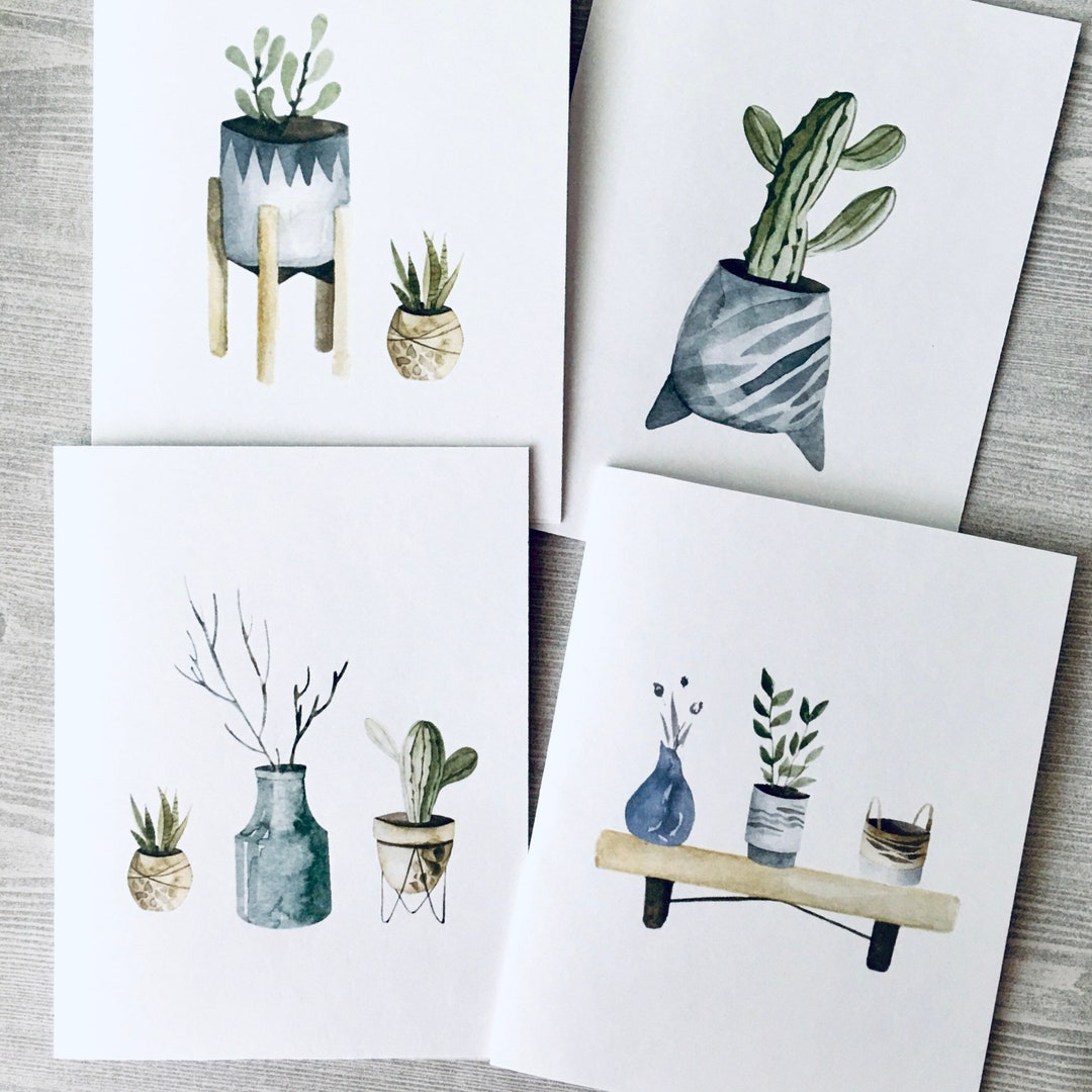 8ct Watercolor House Plants Card Assortment, Succulents Folded Card Set ...