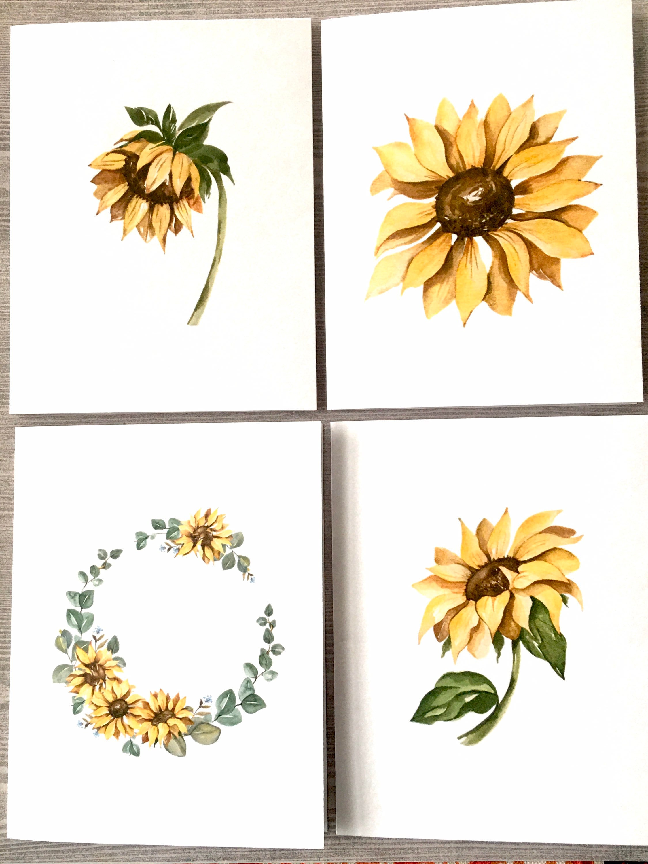 8ct Sunflower Card Set 1, Watercolor Sunflower Cards, Blank Cards ...