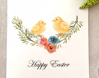 Personalized Easter Cards, Watercolor Easter Card, Easter Chicks and Rosemary Wreath, Spring Card Set, Handmade Card by Designs by AliA