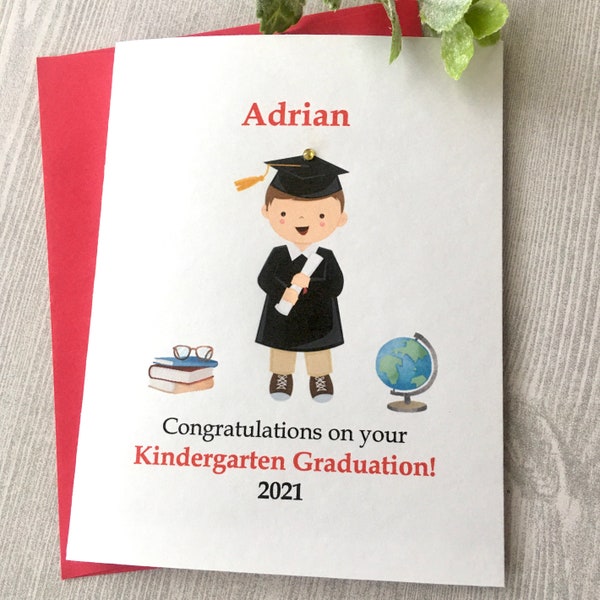 Personalized Kindergarten Graduation Card, Choose Hair or Skin Color Graduation Card for Boy, Handmade Card by DesignsbyAliA
