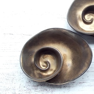 Black bronze operculum bowl, ceramic organizer divider swirl spiral gold pottery dish, coastal shell jewelry catcher beachcombing gift