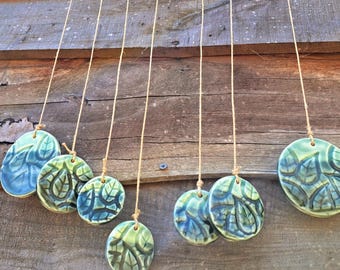 Forest spirit ceramic leaf wind chime, green ombre stoneware pottery outdoor garden art decoration porch verandah windchime hanging mobile