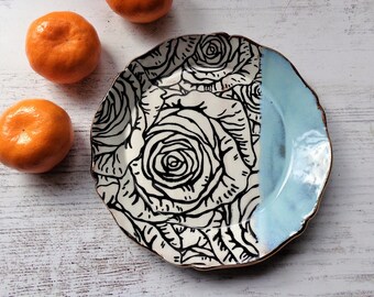 Roses small round plate, screen print floral ceramic artisan stoneware pottery rustic farmhouse tapas desert snack serving baroque inspired