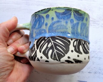 Monstera green ceramic hug a mug,  white black turquoise drippy coffee tea lover silk screen printed artisan pottery cup 350 ml 12 fl oz