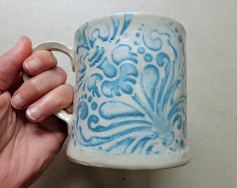 Boho damask print mug, rustic farmhouse stoneware ceramic blue satin white screenprint artisan pottery tea coffee lover cup 350 ml 12 fl oz