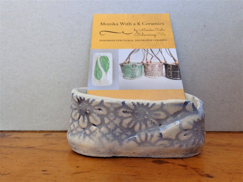 Dark Blue Lace Textured Business Card Holder Home Or Office Desk Decor Pottery Staples Jewerly Trinket Dish