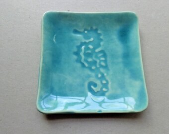Seahorse starfish nautilus square ceramic ring holder dish, pottery turquoise celadon coastal beach jewelry catcher, ocean housewarming gift