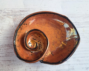 Copper Ceramic Operculum Bowl, Coastal Jewelry Dish, Swirl Organizer