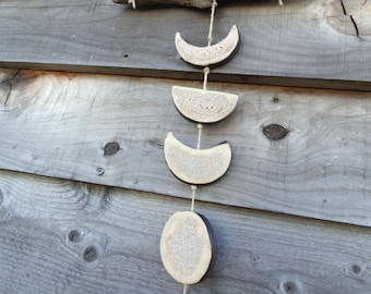Moon wall hanging ceramic pottery lunar crescent full cycle phases beige black luna boho earthy art driftwood rustic mobile home decor