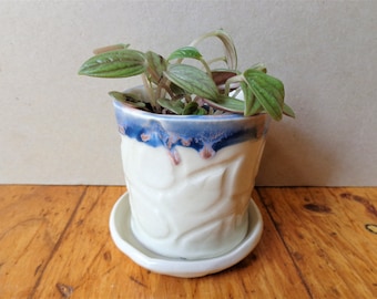 Handmade Ceramic Planter Pot with Saucer, Blue White Farmhouse Decor
