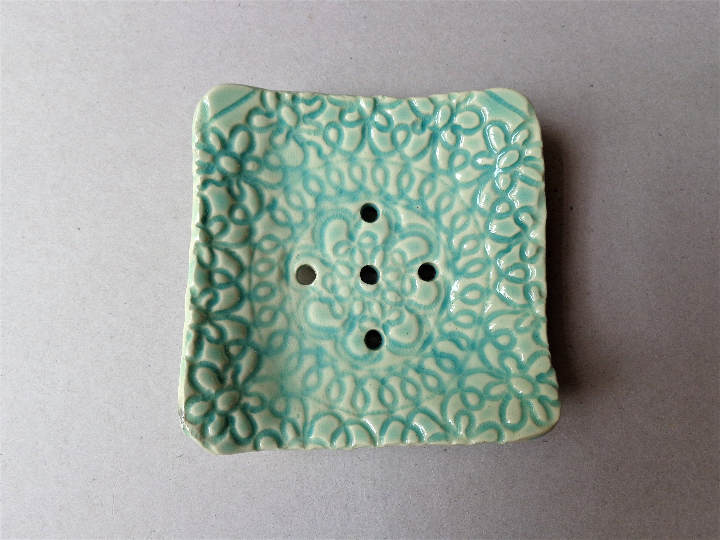 Turquoise lace square ceramic soap dish with drainage holes Etsy