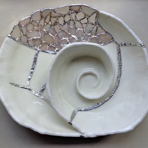 Operculum Shell Ceramic Sculpture: Kintsugi Sea Glass Pottery Bowl